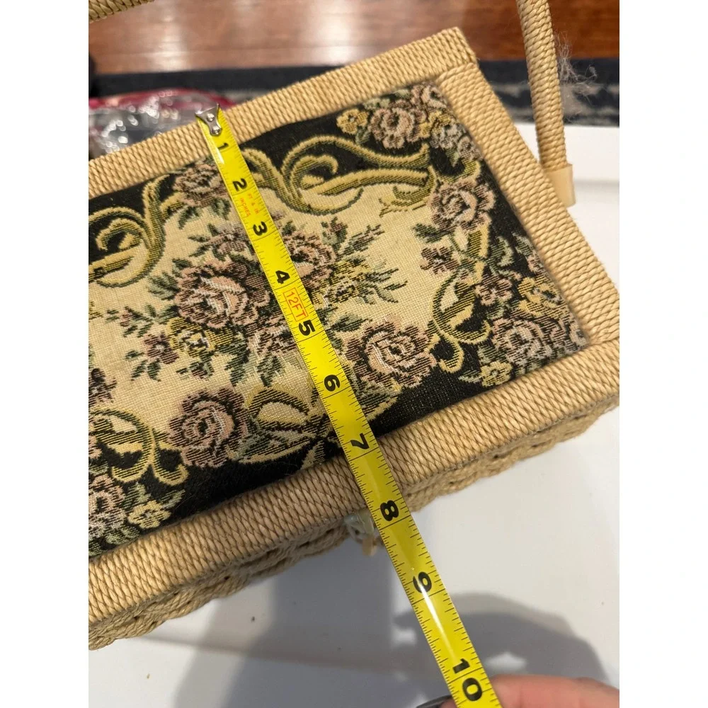Vintage Wicker Sewing Basket Floral Tapestry Lid with Notions 10x7 Mid Century